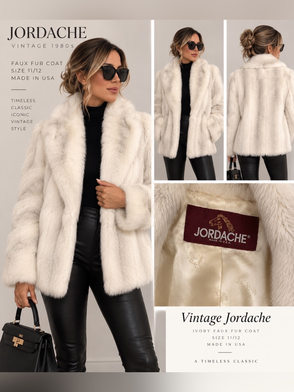 Vintage 1980s Jordache Ivory Faux Fur Coat Jacket Cream Plush Made USA